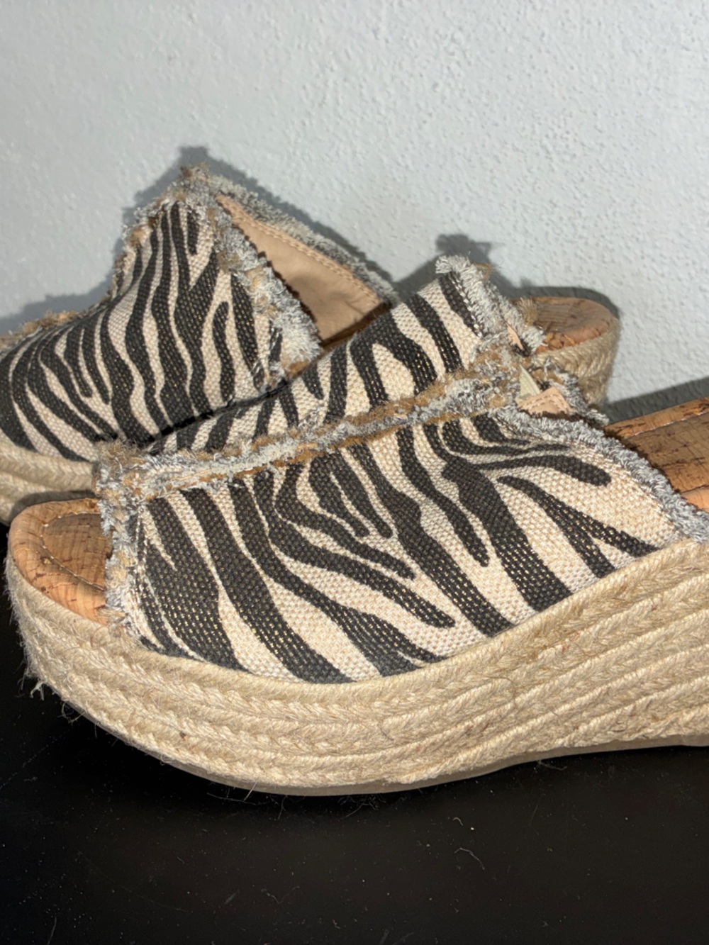Sugar Women's Zebra Print Espadrille Wedge Slide Sandals - Black & Cream